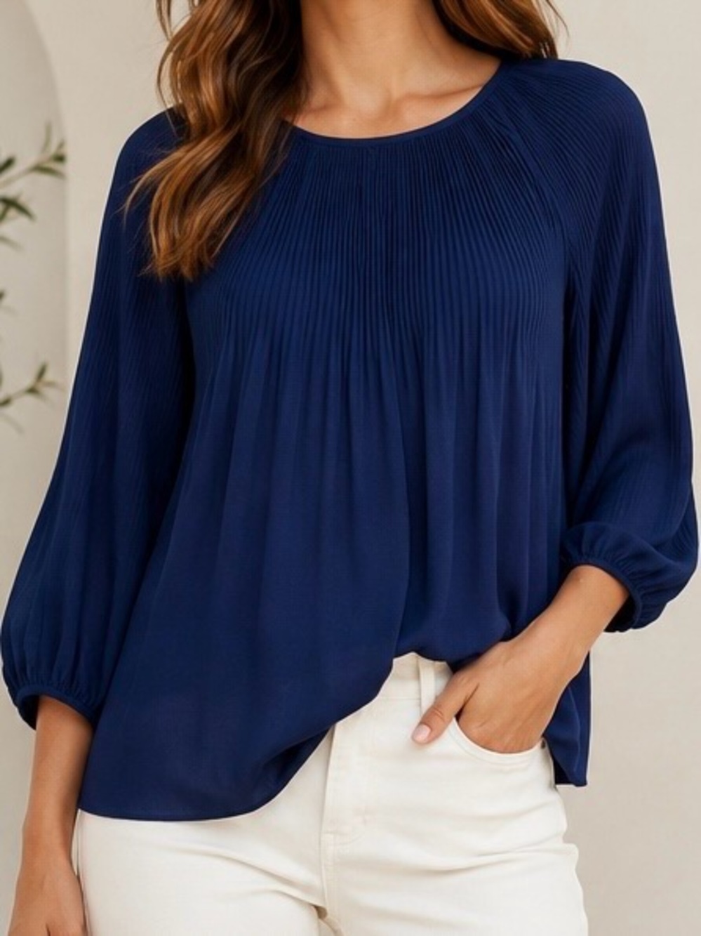 NWT Max Studio ‘Accordion Pleat Long-Sleeve Peasant Blouse’ in “Navy Blue” Sz M